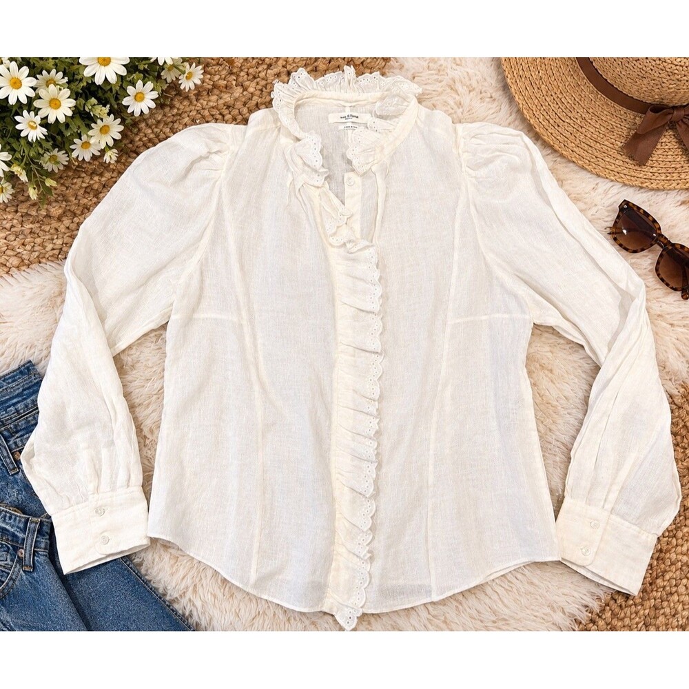 ISABEL MARANT ETOILE Lawendy Blouse Button Up Top Ruffled Neck EU 42 US 10 whit